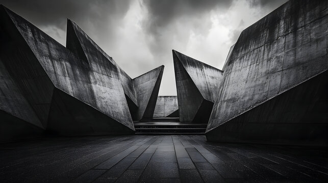 Abstract concrete structures point upward against a cloudy sky in a dark setting.