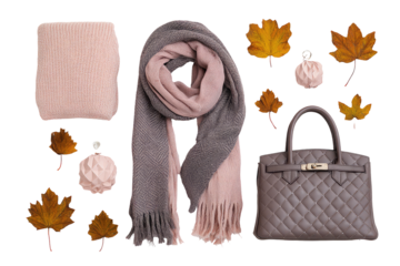 Autumnal fashion accessories.  Pink and grey knitted items, fall leaves, handbag