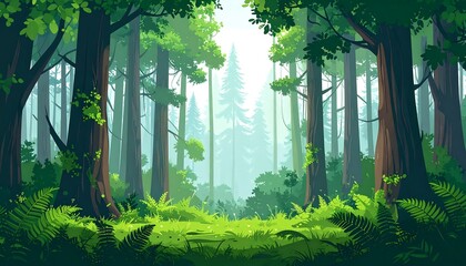 Lush forest scene with sunlight filtering through trees