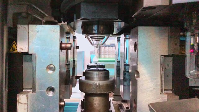 Blow molding machine producing clear plastic bottles on factory production line.