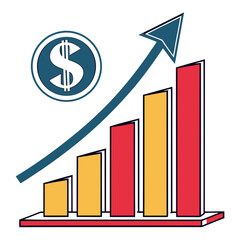 Vector illustration of a flat design financial bar chart with alternating yellow and red bars, an upward arrow indicating growth, and a dollar symbol. Isolated on white background, ideal for economic,