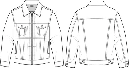 Cad drawing flat vector illustration of men's denim jacket with zipper front, chest pockets, long sleeves, detailed fashion technical sketch © Nur Creations