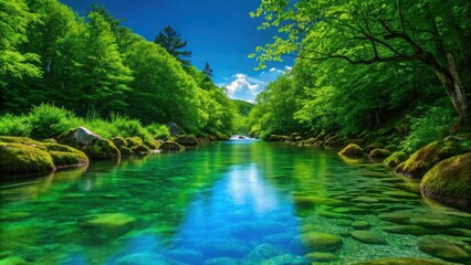 Obraz premium Serene emerald river flowing through lush green forest under a bright blue sky