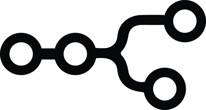 Minimalist branching node icon, black vector circuit connection symbol, digital network data flow diagram, abstract technology link element