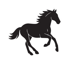 A minimalist vector artwork shows a horse silhouette walking steadily, created in black and white style, highlighted with strong black outlines for clarity.