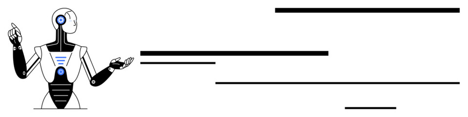 Humanoid robot with mechanical arms gesturing expressively, surrounded by linear graphic elements. Ideal for AI technology, automation, robotics, futuristic concepts, machine learning, innovation