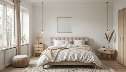 Obraz premium Bright bedroom interior with minimalist design and natural light from window