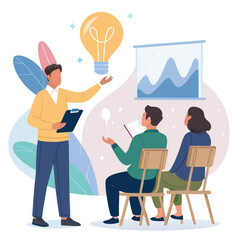 Vector art of a business presentation with a man presenting in front of a graph and a light bulb, while two people are listening to the presentation