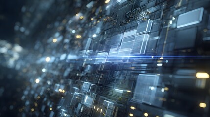 Abstract digital circuit board with glowing blue light and bokeh technology computer