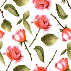 Pattern with branches of roses and leaves. Watercolor seamless pattern for textiles, prints and packaging