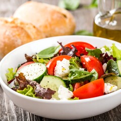 Fresh salad with tomatoes, cucumbers, and feta