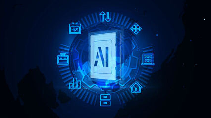 Digital AI Interface with Futuristic Icons on Dark Background