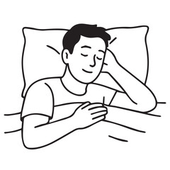 Vector illustration shows a man sleeping peacefully on a bed, designed in black and white style, outlined with bold black lines for clarity.