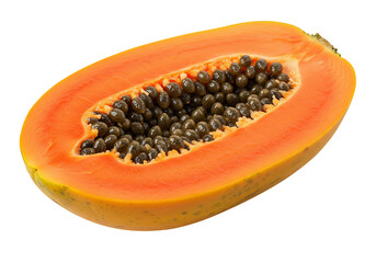 Ripe papaya halved showing seeds and vibrant orange flesh isolated on transparent background