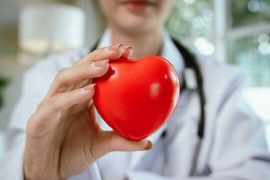 Red heart in female doctor's hand. Concept of health or repair and support. International Heart Day. Doctors Day. World Health Day. - Powered by Adobe