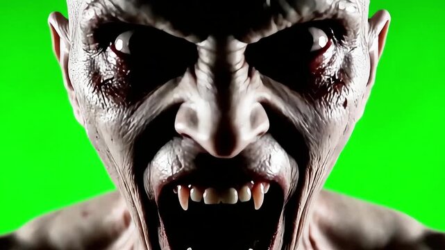 Terrifying vampire creature bares fangs in menacing close-up, ready to strike with monstrous intent
