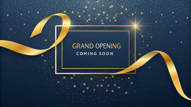Elegant grand opening invitation with golden ribbon art