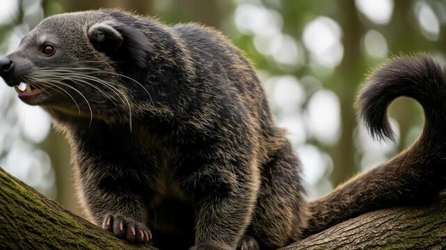 Close-up of a bearcat perched on a mossy tree branch in nature