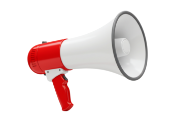 Red and white megaphone announcement communication technology sound vector graphic design