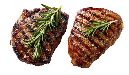 Two grilled steaks, seasoned and topped with sprigs of fresh rosemary.  The steaks are medium-brown with grill marks