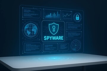 Futuristic Holographic Spyware Interface Projected Above White Table