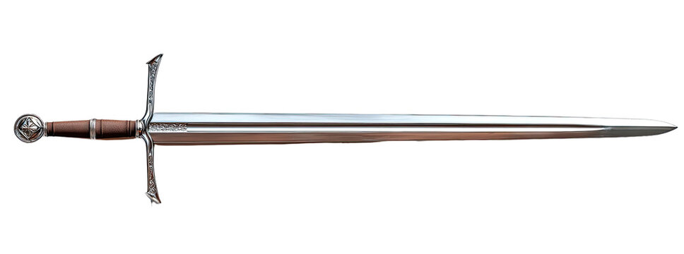 Long, metallic sword with a dark wooden hilt
