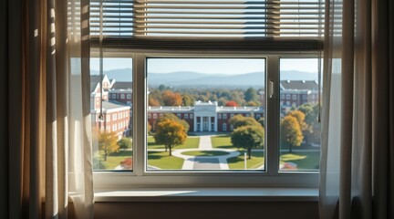 back college vibes concept. View through a window showcasing a campus landscape and buildings.
