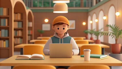 Fototapeta premium back college vibes concept. Young person studying in a cozy, modern library setting.