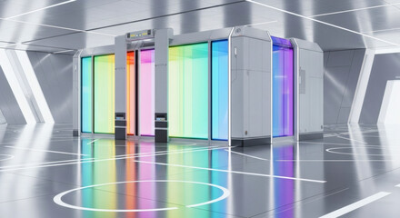 Futuristic data storage servers in a sleek, neon-lit server room with a shiny floor and white lines.