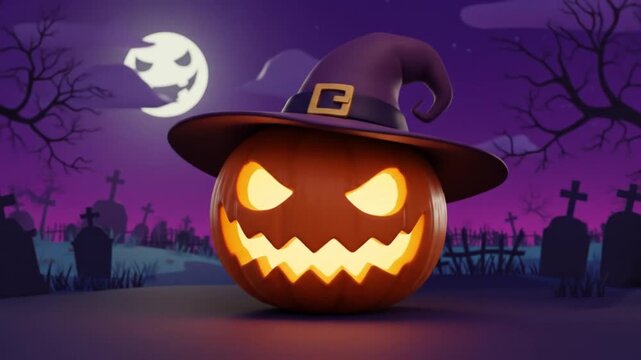 A 3D cartoon-style Jack-o'-lantern with large, glowing eyes, a lopsided smile, and a crooked witch's hat. Background a colorful cemetery with a smiling moon in a purple sky.