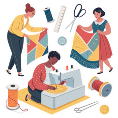 Vector art of three women are sewing a quilt with a sewing machine, scissors, thread, and ruler handcraft and hobby concept