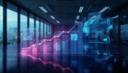 3D Business Graph & Chart Visualization with Neon Highlights, Modern Office, Growth.