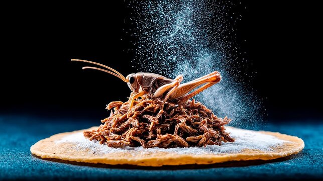 Crunchy chapulines piled on a tortilla with dramatic lighting in dark brown and orange tones for an adventurous culinary experience