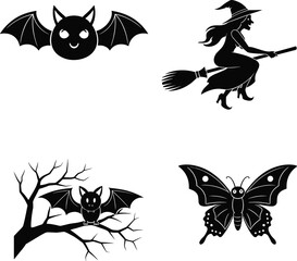 Halloween vector illustration with witch flying broomstick, spooky bat, butterfly design, haunted tree branch, fantasy magic silhouette isolated artwork.