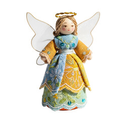 Fototapeta premium Colorful handmade angel figurine with intricate dress and wings isolated on white background