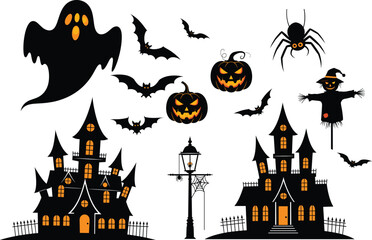 Spooky Halloween haunted house vector illustration with ghost, bats, pumpkins, spider, scarecrow, and dark night horror elements.Spooky Halloween haunted house vector 