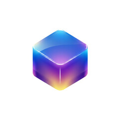 A vibrant, translucent, isometric cube with a gradient of blues, purples, and yellows, showcasing a modern and abstract design.