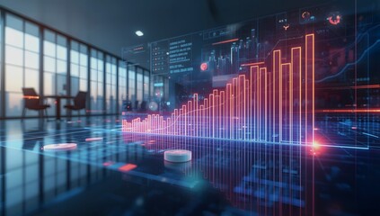 3D Business Graph & Chart Visualization with Neon Highlights, Modern Office, Growth.