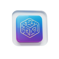 A futuristic, three-dimensional digital cube icon with intricate lines, representing technology and innovation, displayed in a glossy, rounded design.