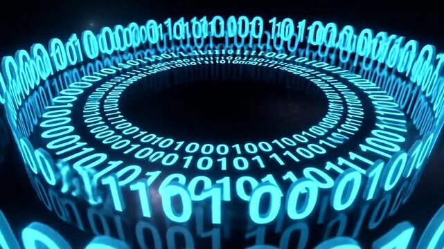 A dynamic visualization of binary code spiraling in a cosmic background, symbolizing data flow