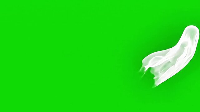 Ethereal white fabric ghost character floats eerily on green screen background for spooky effects