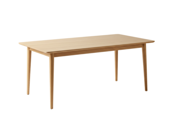 Light wood rectangular dining table with tapered legs isolated on transparent background