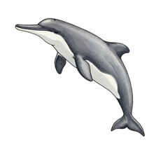 Obraz premium Detailed watercolor illustration of a common dolphin leaping from the water. Hand-drawn aquatic mammal vector art isolated on white