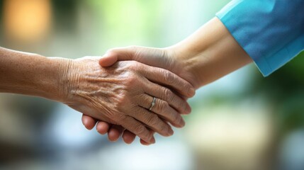 caregiver assisting an elderly patient with arthritis in their hands on blurred background