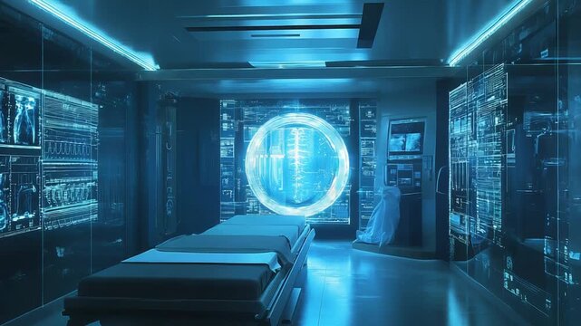 Futuristic operating room showing human body scan and data analysis - Powered by Adobe