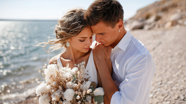 Romantic couple embracing by the lake with bouquet and sunlight   - Powered by Adobe