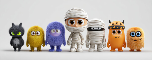 Obraz premium Cute cartoon monster, mummy, ninja, and animal characters stand in row on white background, expressing playful and friendly emotions