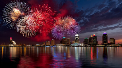 Colorful fireworks display over city skyline reflecting in water  