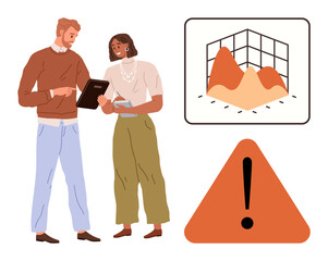 Two colleagues reviewing tablet data, 3D chart representing trends, warning alert. Ideal for teamwork, business analytics, risk assessment, decision-making, productivity, collaboration simple flat
