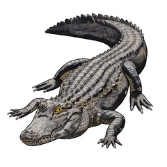 Naklejka premium A realistic watercolor vector drawing of a menacing black caiman. Detailed zoological illustration of a wild Amazonian reptile predator